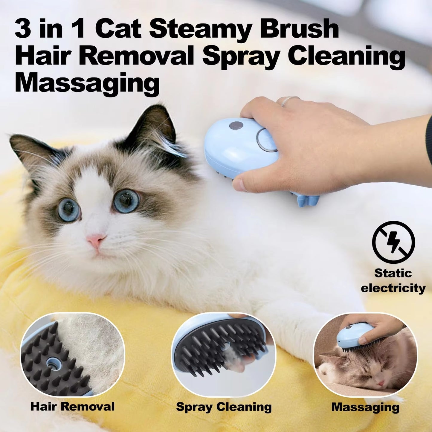 Cat Shed Steam Brush, Grooming Brush with Steam, Rechargeable Steam Pet Brush for Dogs and Cats, Steaming Cat Brush 3 in 1,